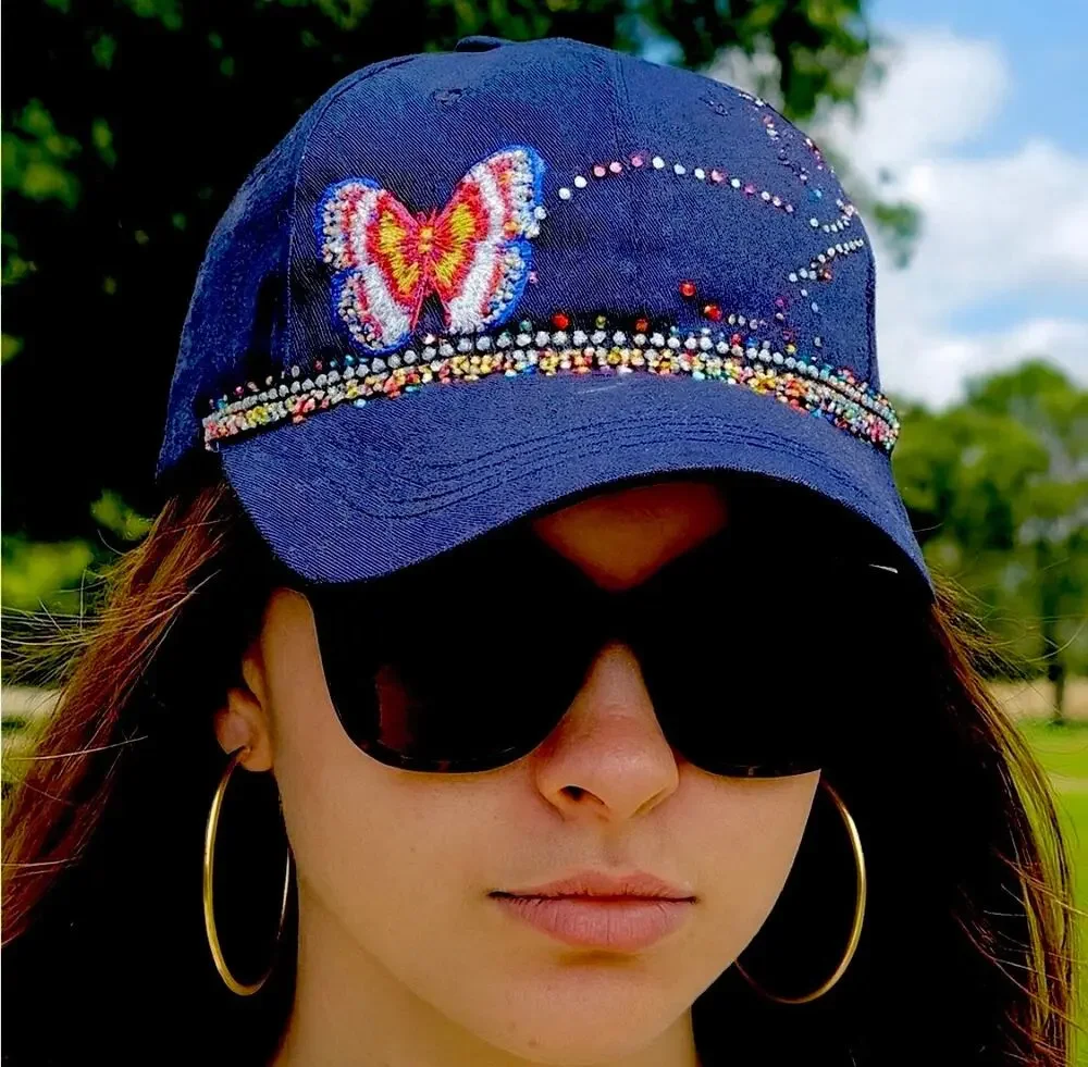 Handmade Ladies Bling Rhinestone accented Butterfly Street Glam Baseball Cap